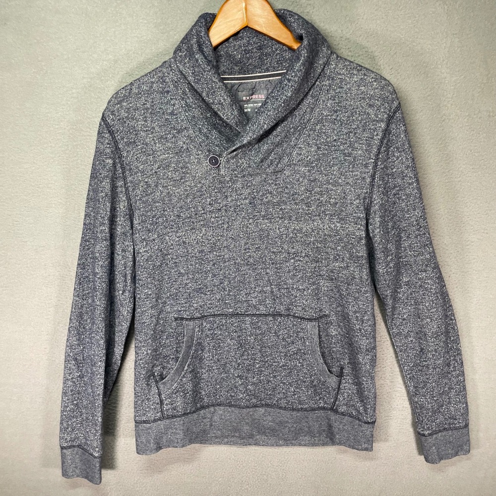 Express Shawl Collar Pullover Mens M Gray Knit Sweatshirt Elbow Patch